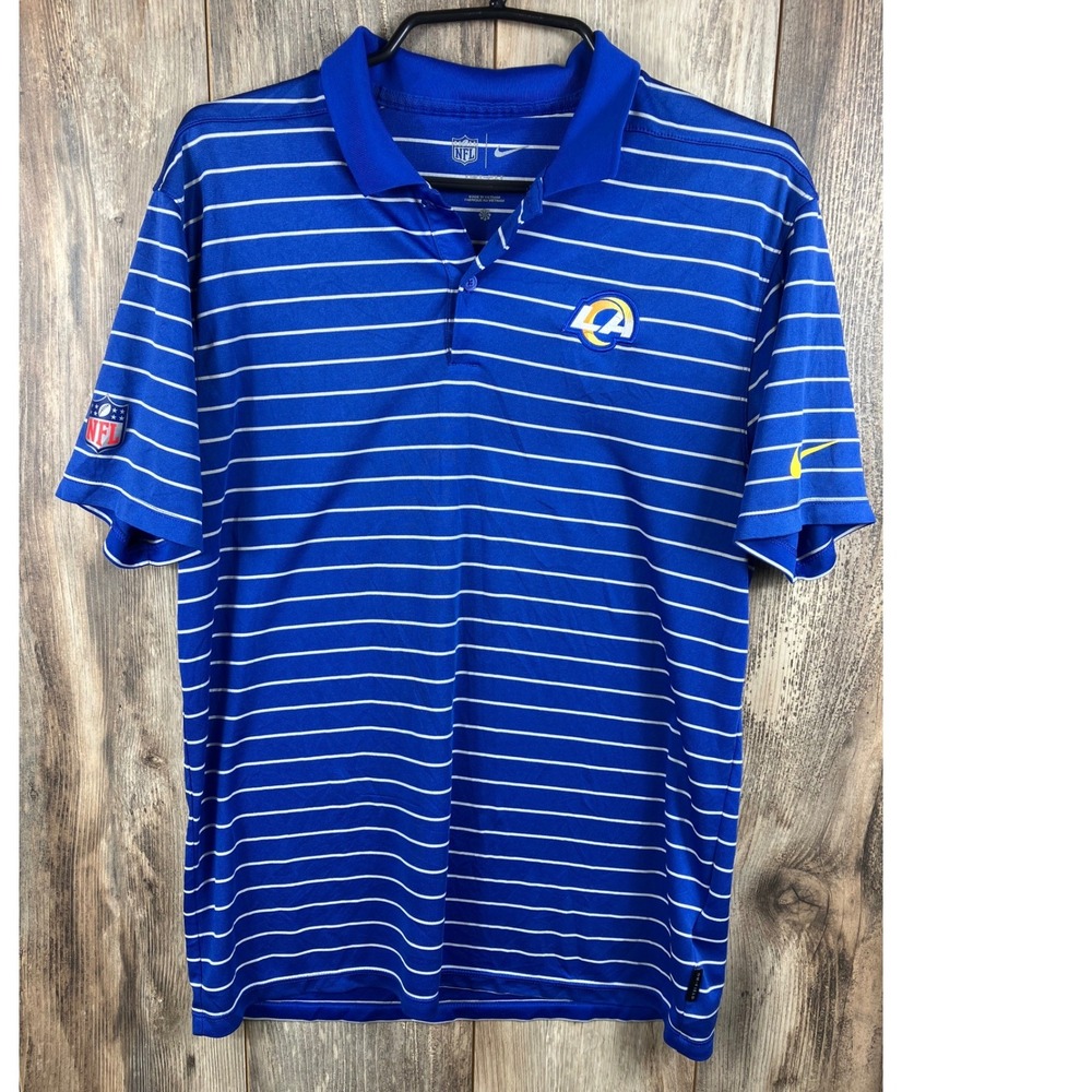 Nike NFL Los Angeles Rams Dri-FIT Striped Polo Shirt Mens Medium Blue White